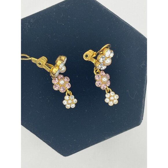 Monet Drop Flowers Clip Back Earrings Rhinestone Faux Pearls - Picture 4 of 10